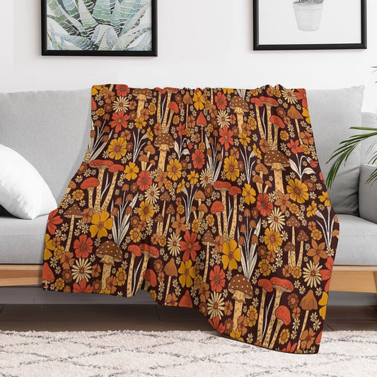 Retro 1970s Brown & Orange Mushrooms & Flowers Throw Blanket