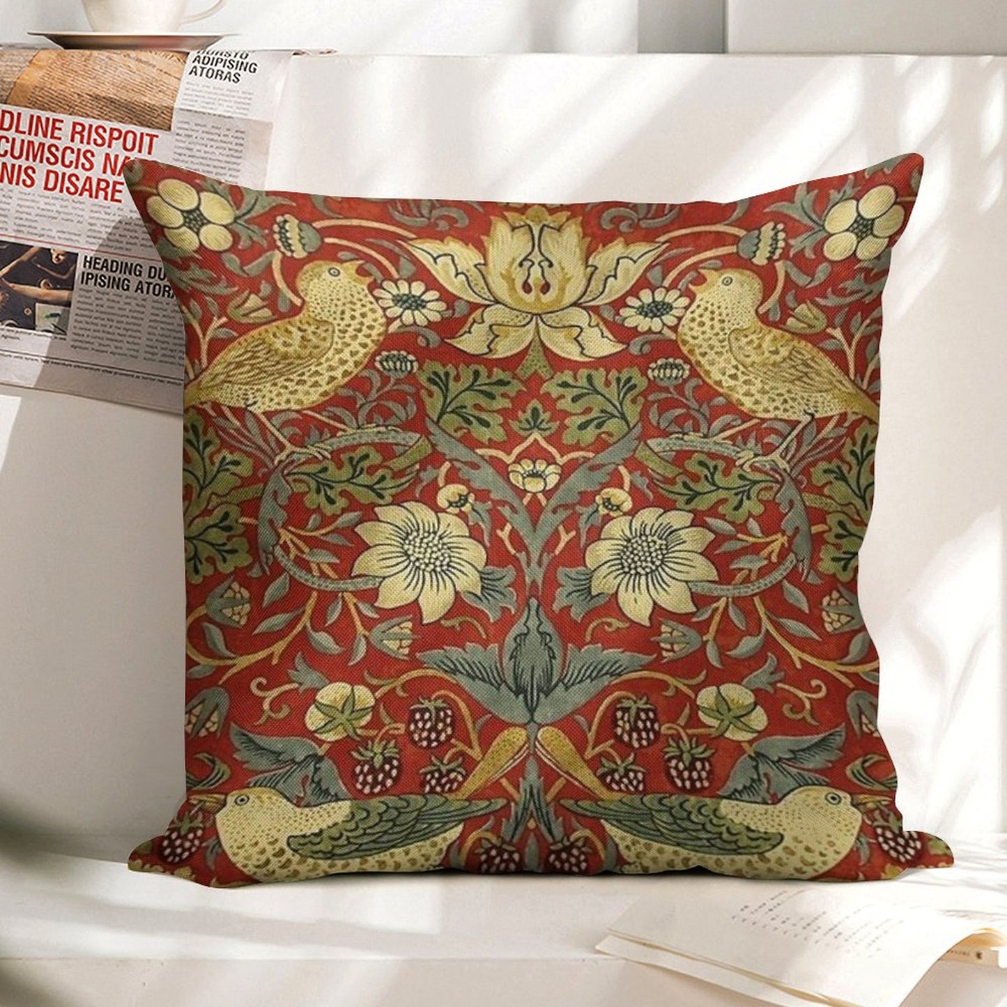 William Morris Birds Floral,red Linen Throw Pillow Cover