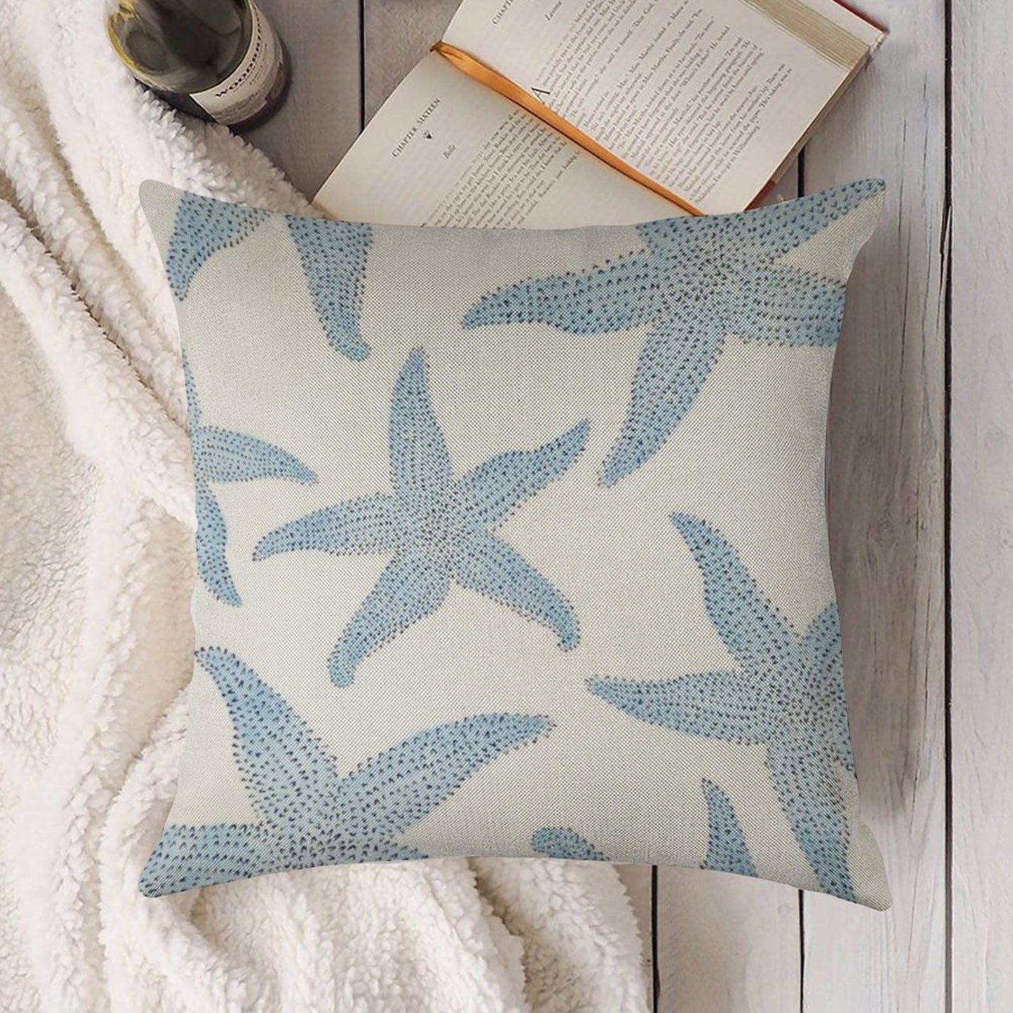 Dancing Blue Starfish Linen Throw Pillow Cover