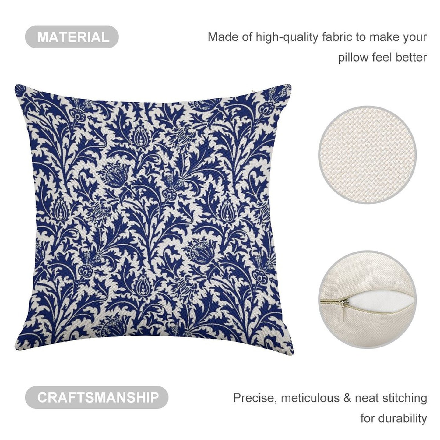 William Morris Thistle Damask, Navy Blue And White Linen Throw Pillow Cover