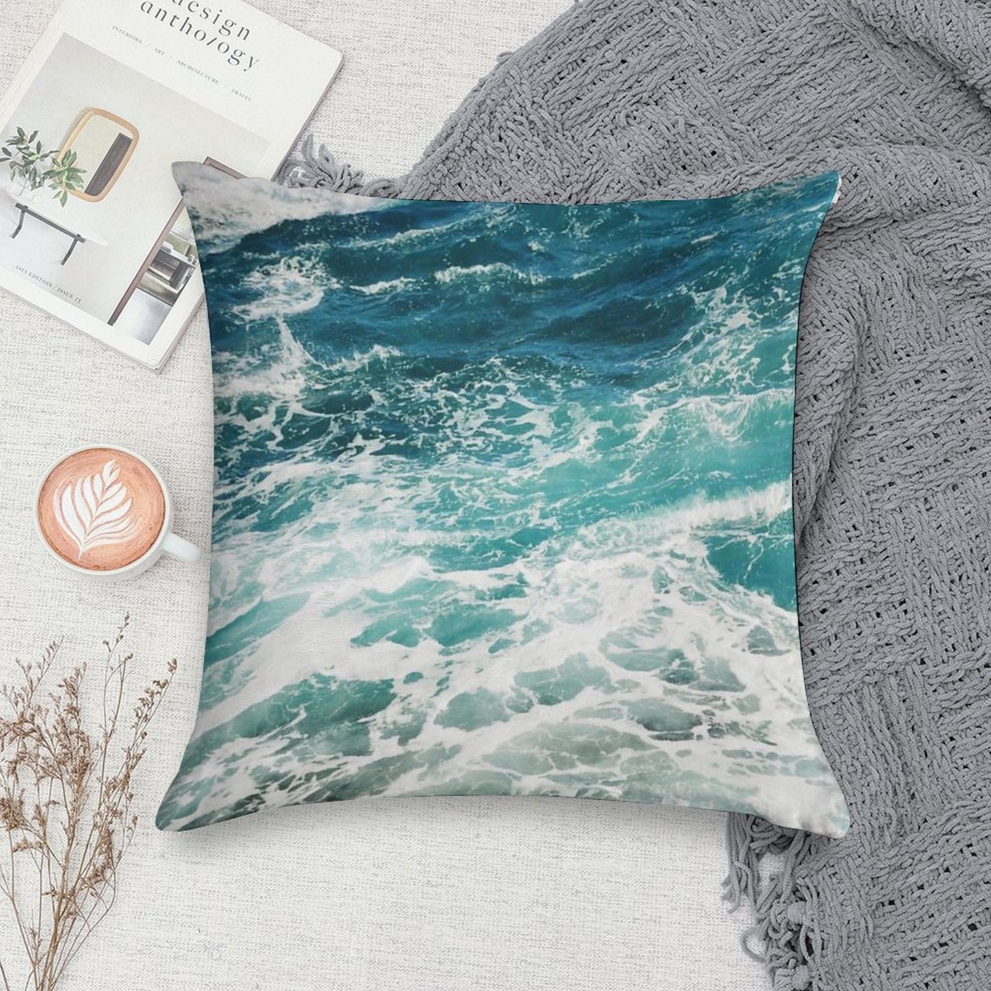Blue Ocean Waves Soft Fade-Resistant Throw Pillow