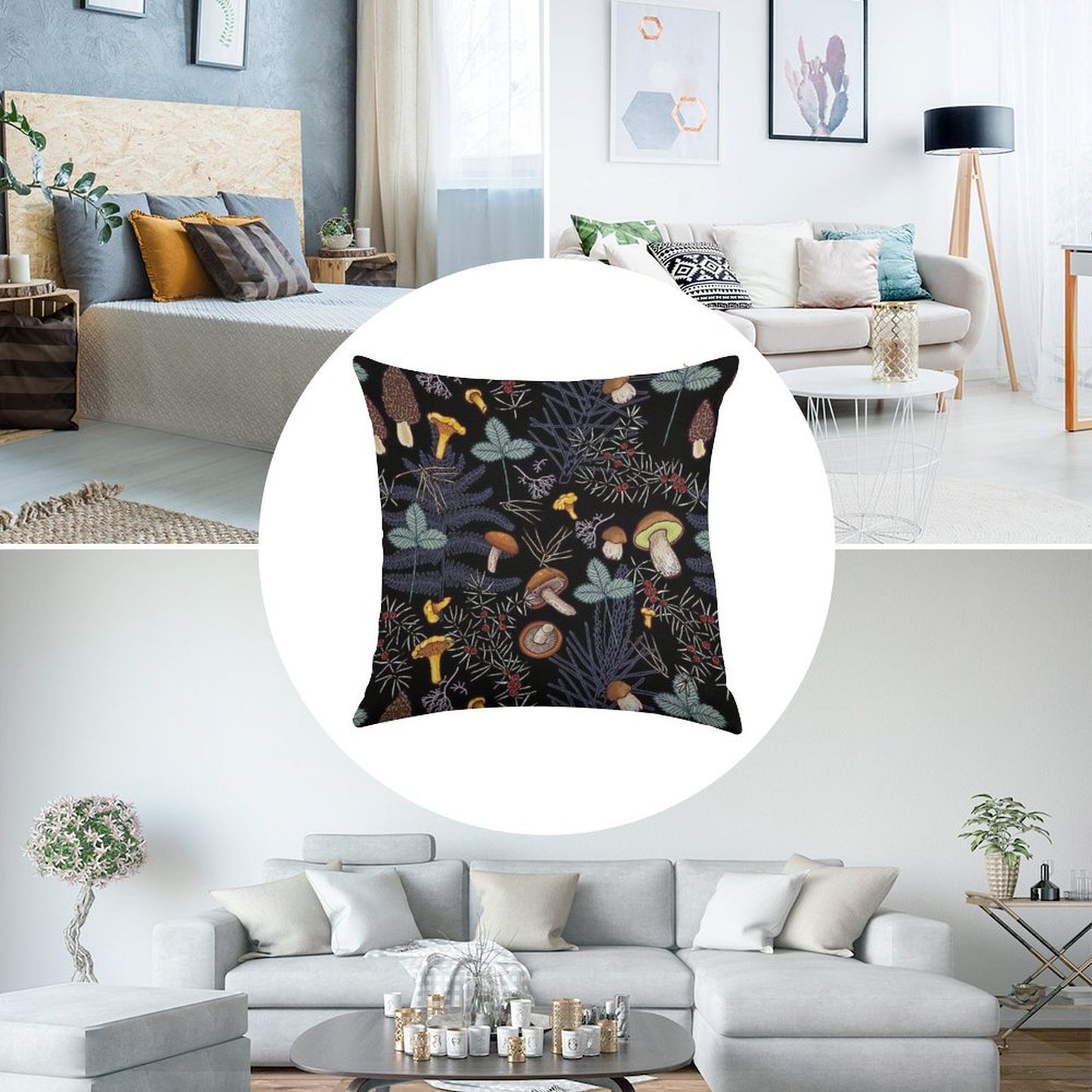 Dark Wild Forest Mushrooms Linen Throw Pillow Cover