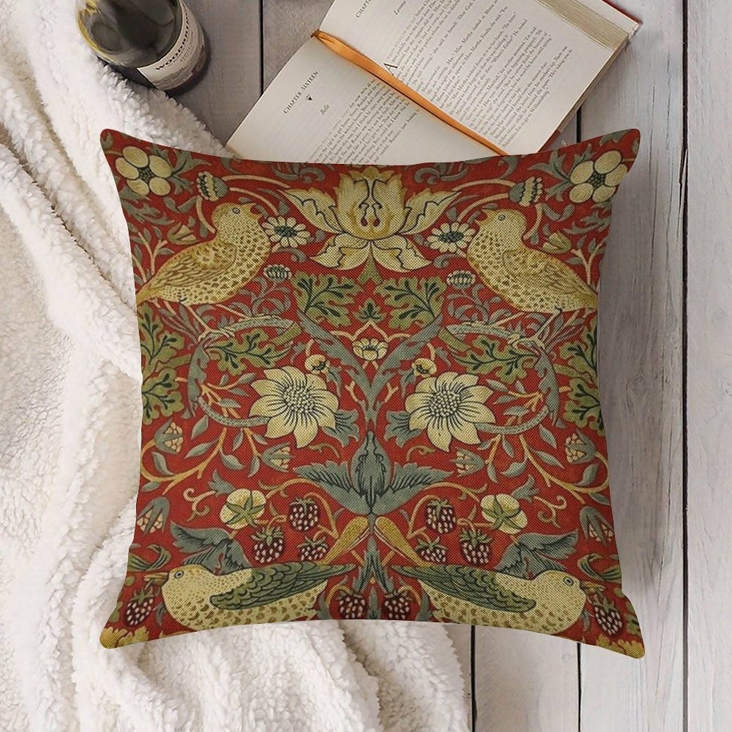 William Morris Birds Floral,red Linen Throw Pillow Cover