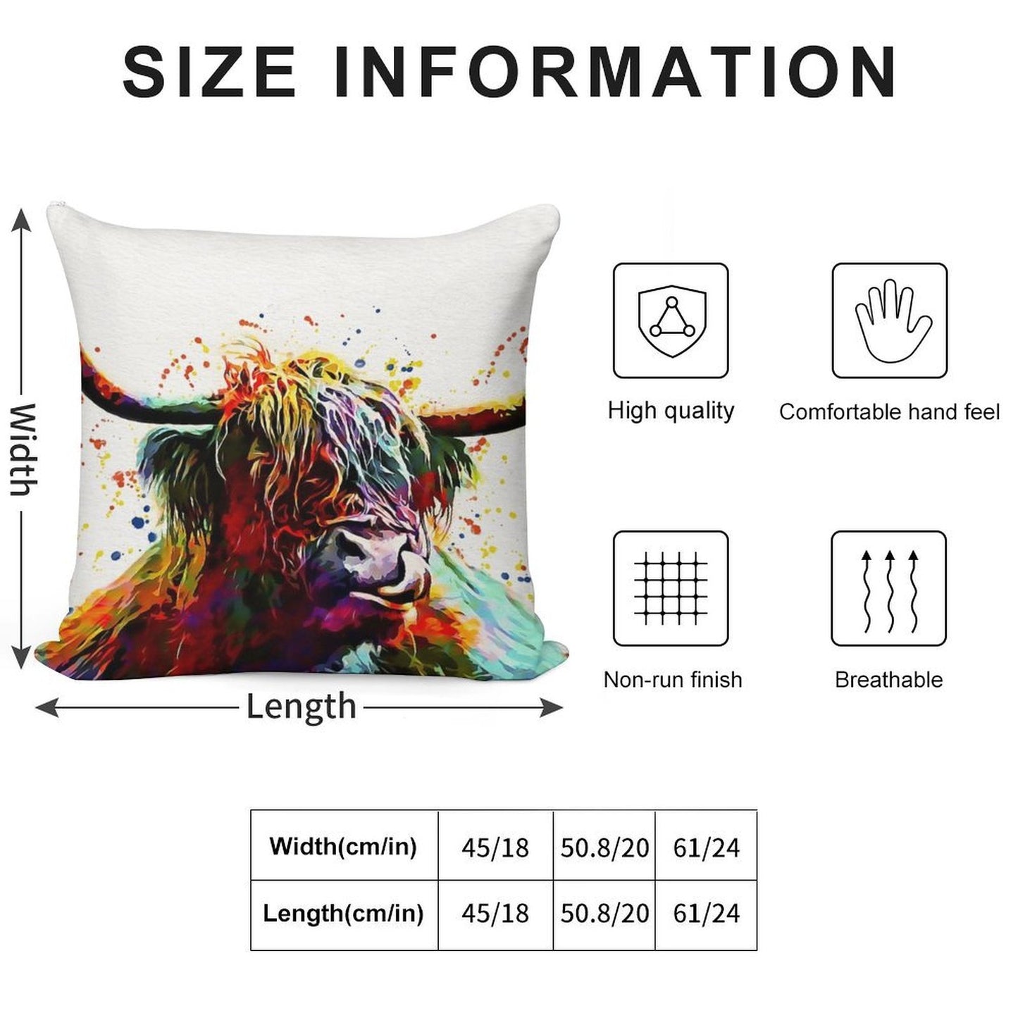 Highland Cow Watercolor Art Work Soft Durable Construction Throw Pillow