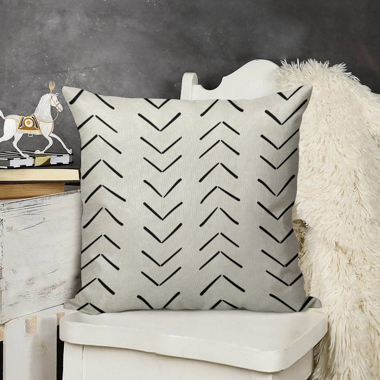 Boho Big Arrows in White And Black Linen Throw Pillow Cover