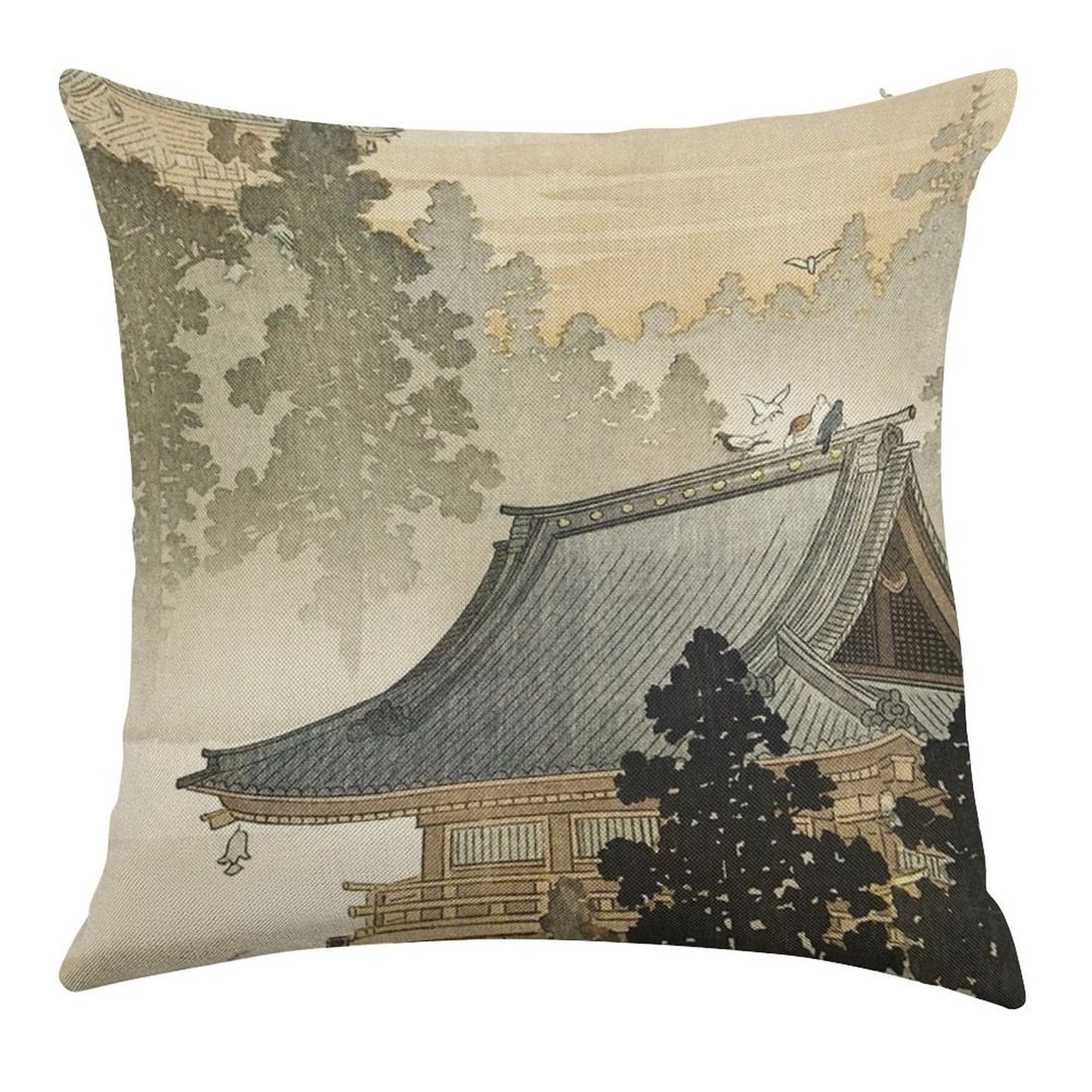 Pagoda - Japanese Art 1900s Linen Throw Pillow Cover