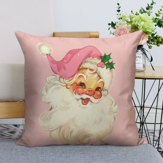 Retro Santa Claus Pink Linen Throw Pillow Cover