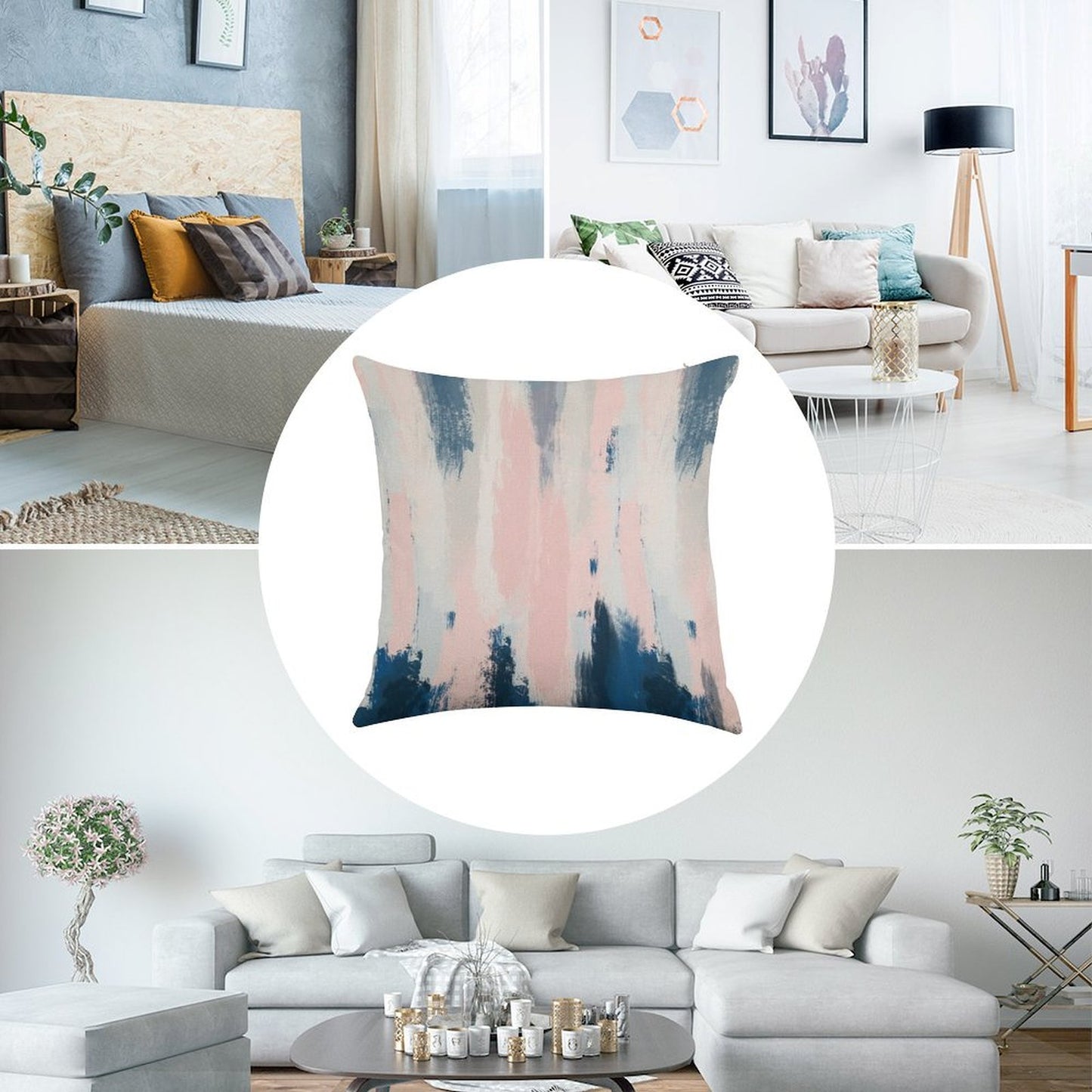 Abstract Blush And Blue Linen Throw Pillow Cover