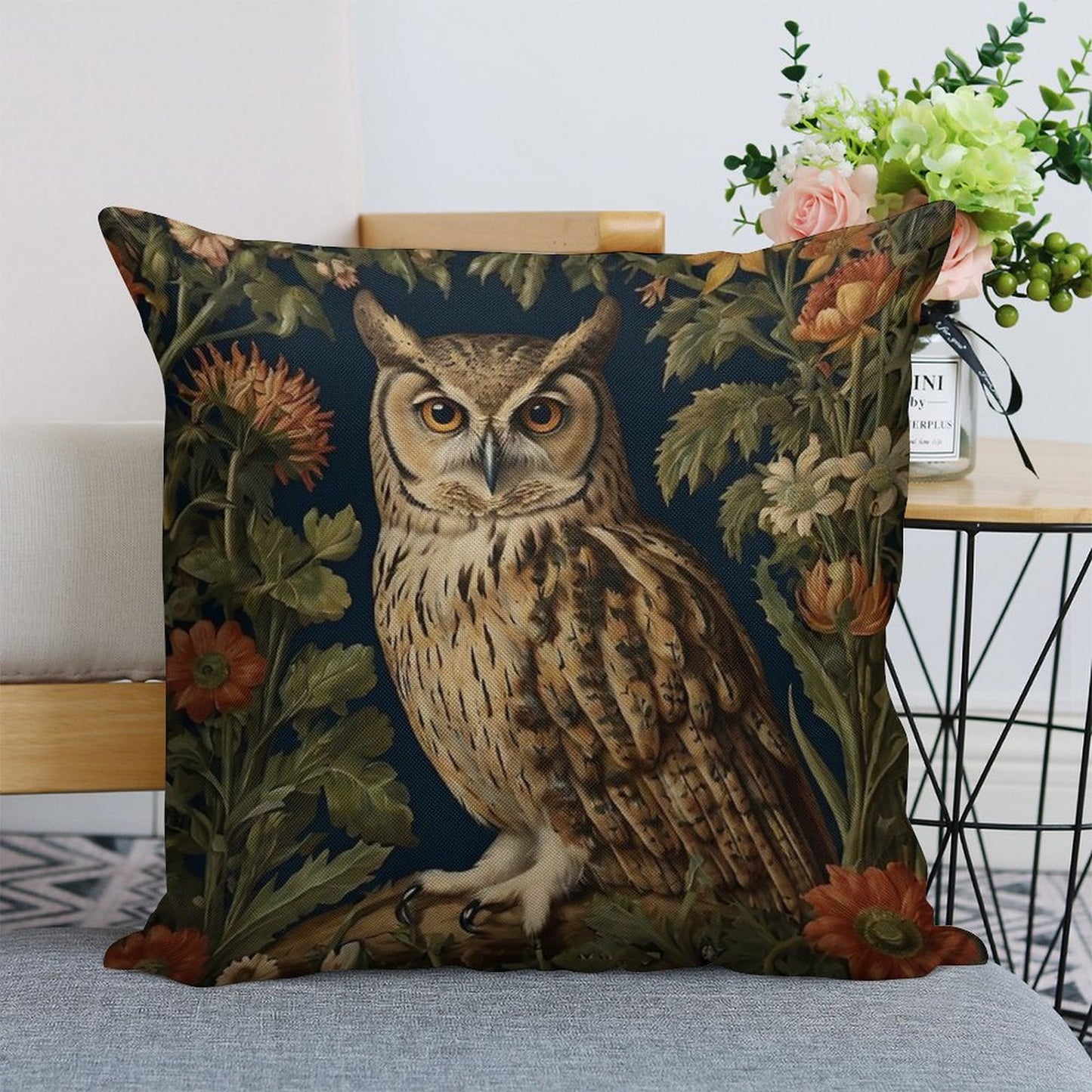 Vintage Forest Owl William Morris Style Linen Throw Pillow Cover