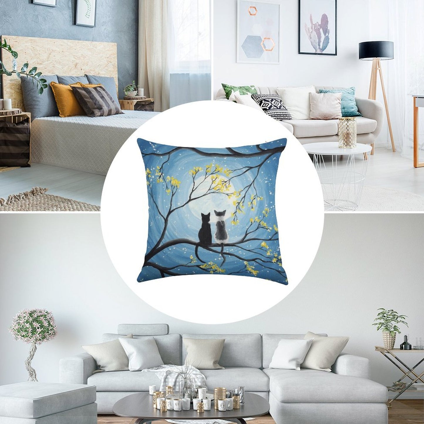 Cats Full Moon Linen Throw Pillow Cover