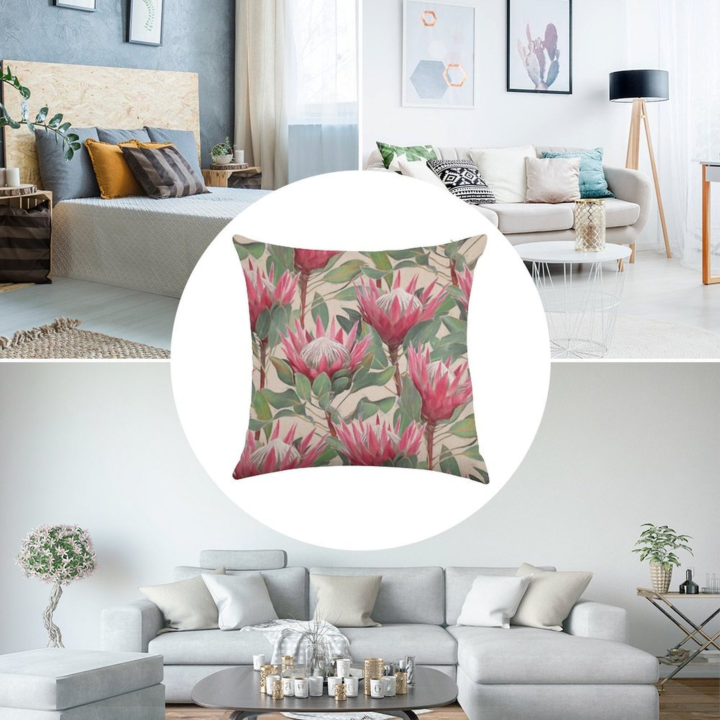 Painted King Proteas on Cream Linen Throw Pillow Cover
