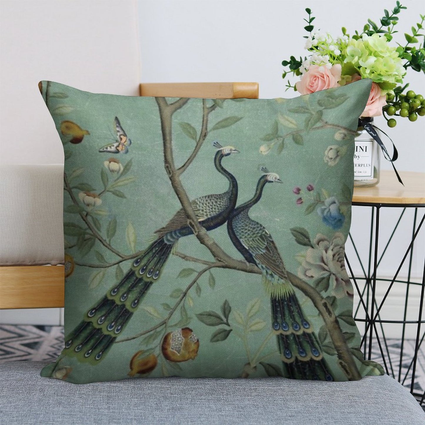 A Teal of Two Birds Chinoiserie Linen Throw Pillow Cover