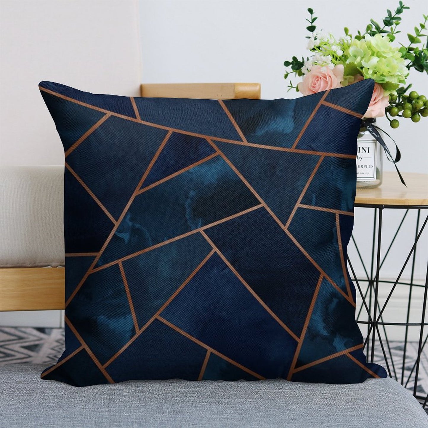 Navy & Copper Geo Linen Throw Pillow Cover
