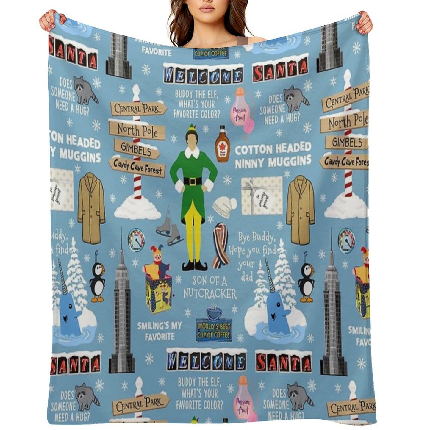 Buddy The Elf Collage, Blue Background Throw Blanket