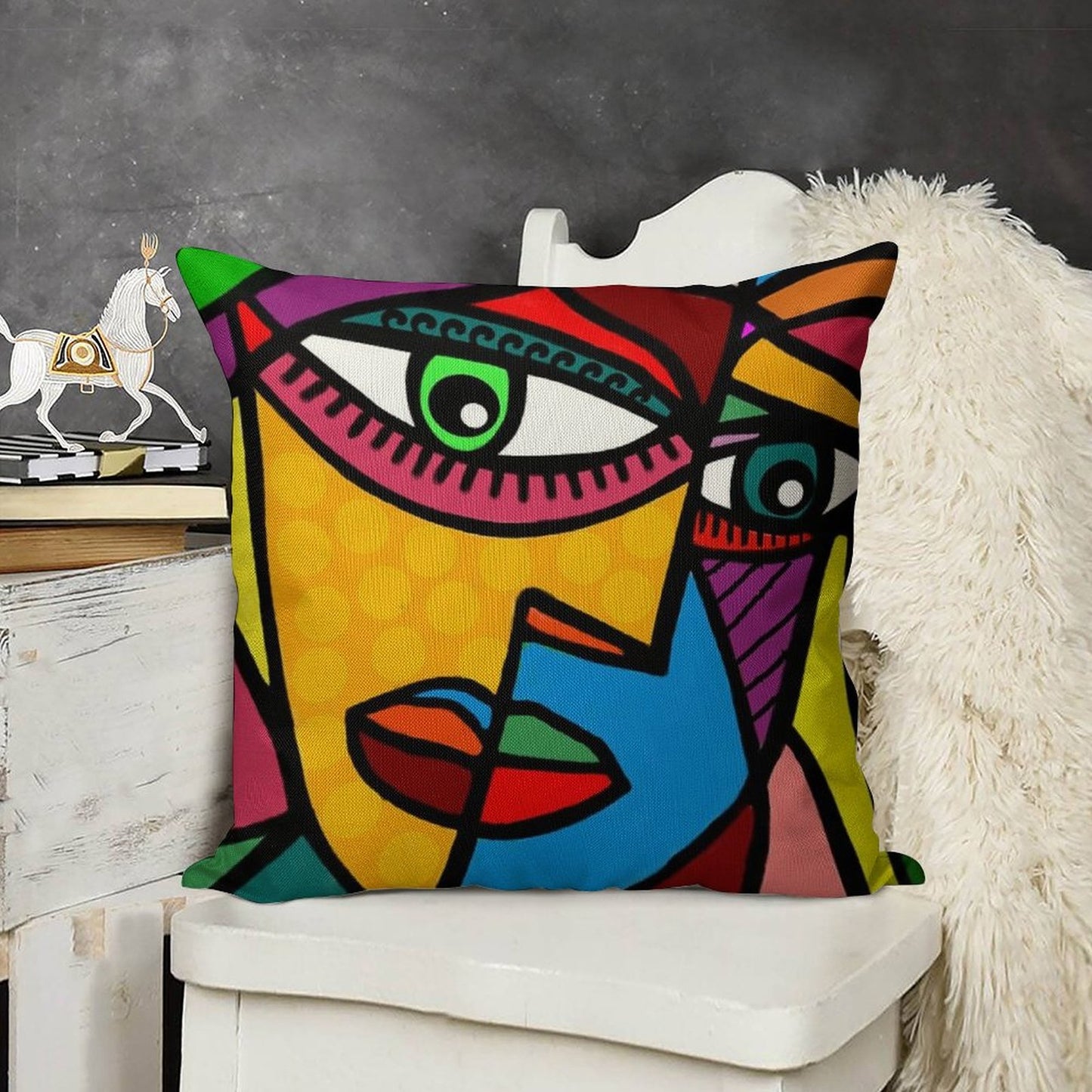 Funky Abstract Face Linen Throw Pillow Cover
