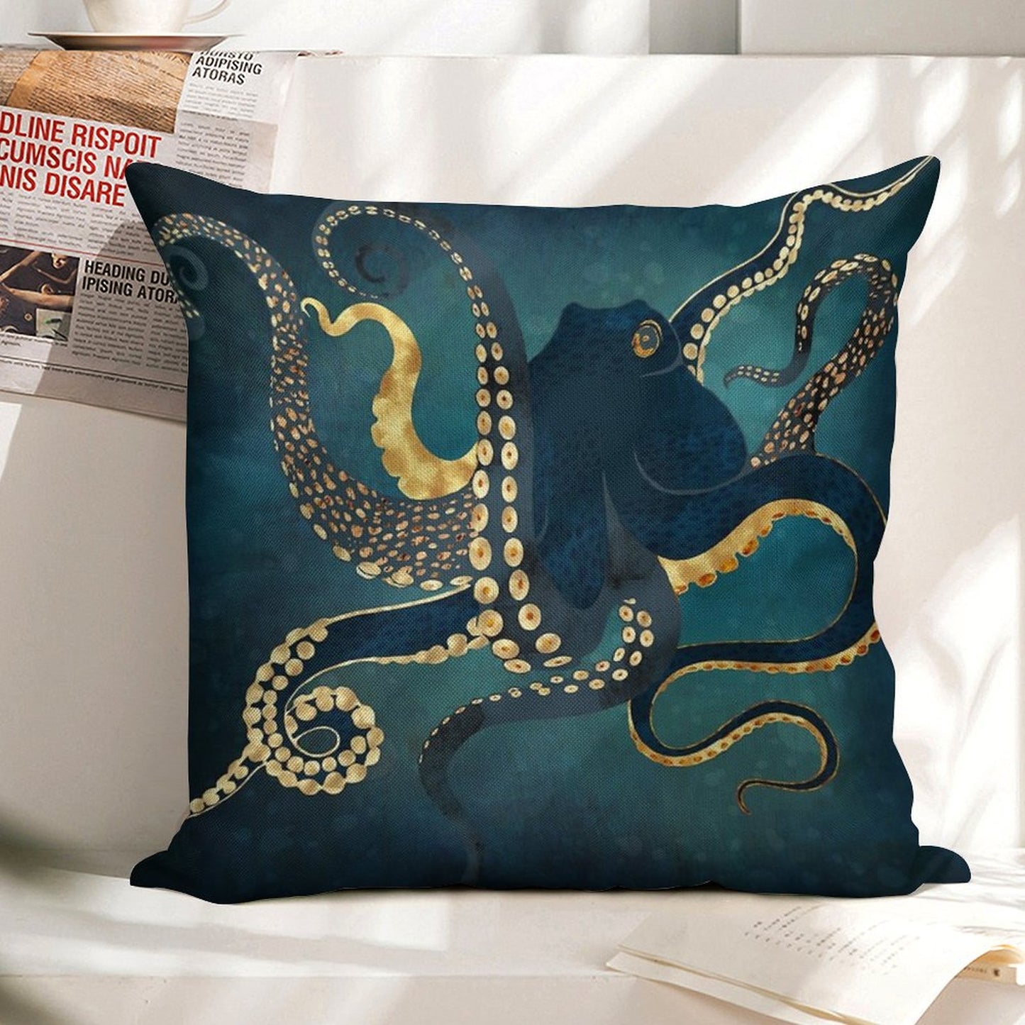 Metallic Octopus IV Linen Throw Pillow Cover