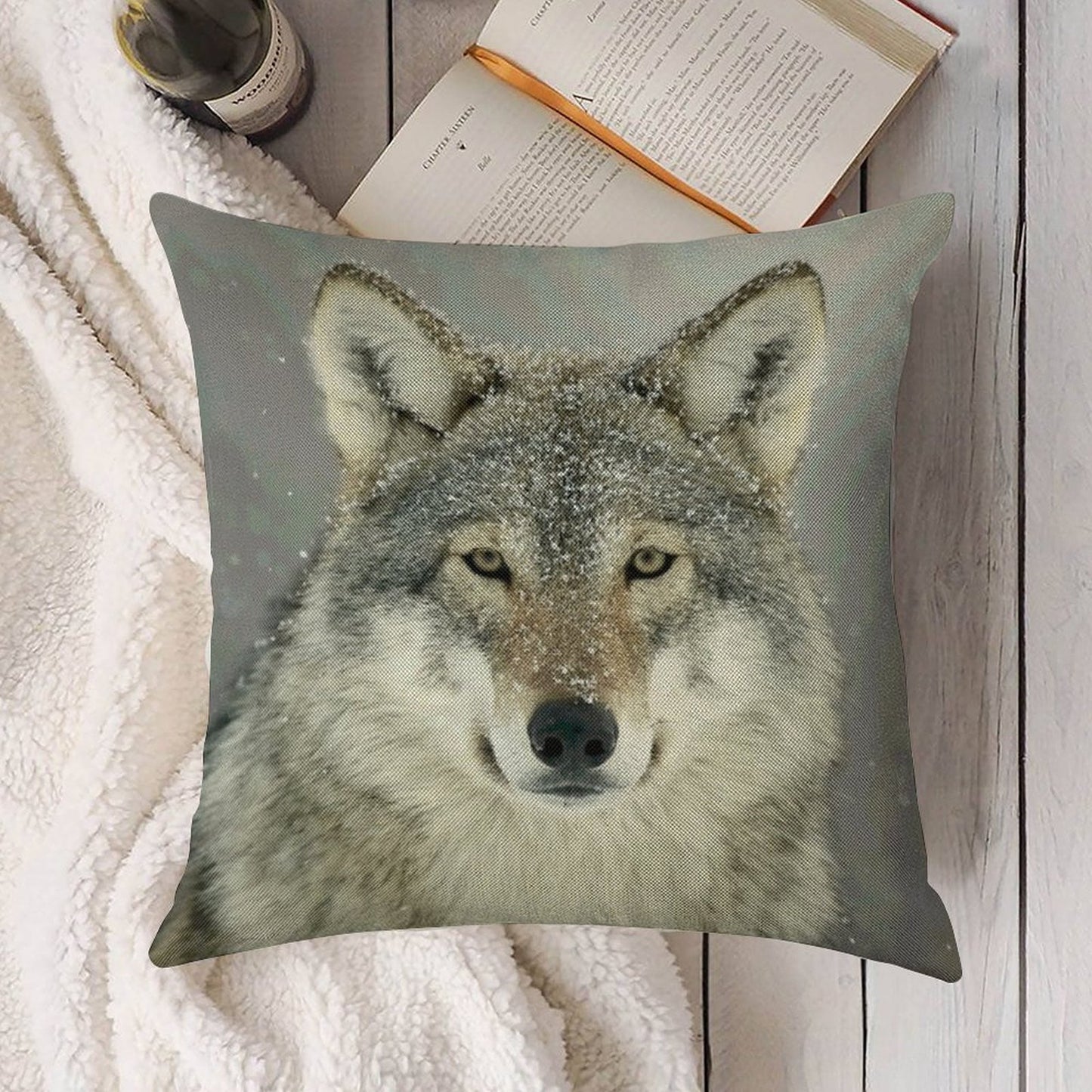 GREY WOLF Linen Throw Pillow Cover