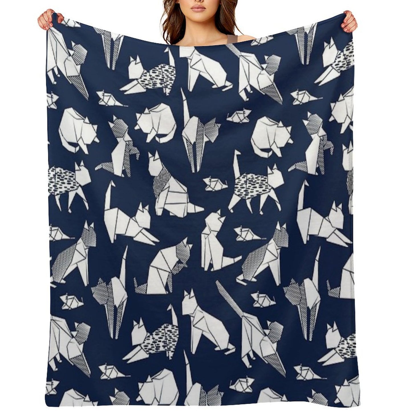 Origami Kitten Friends Blue Navy Background Paper Cats Throw Blanket