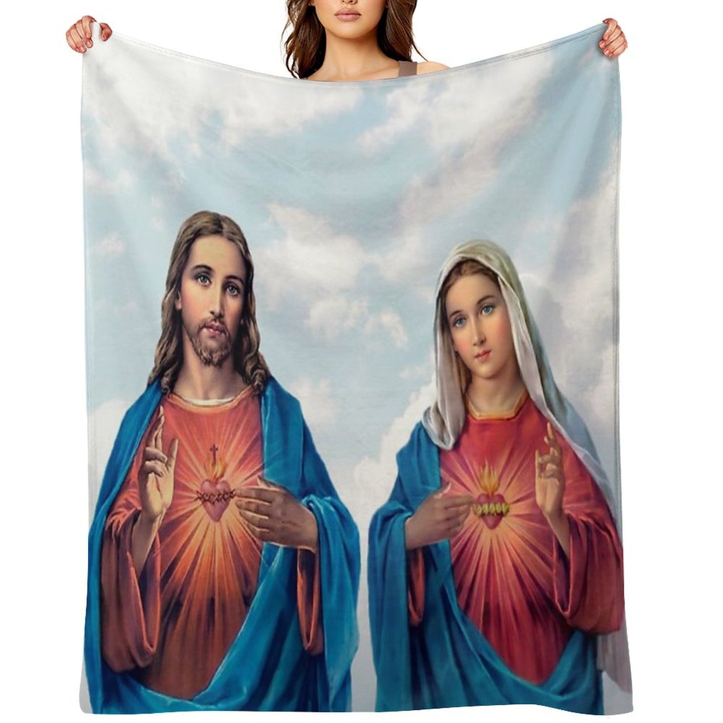 Sacred And Immaculate Hearts (Jesus And Mary) with Sky Background Throw Blanket