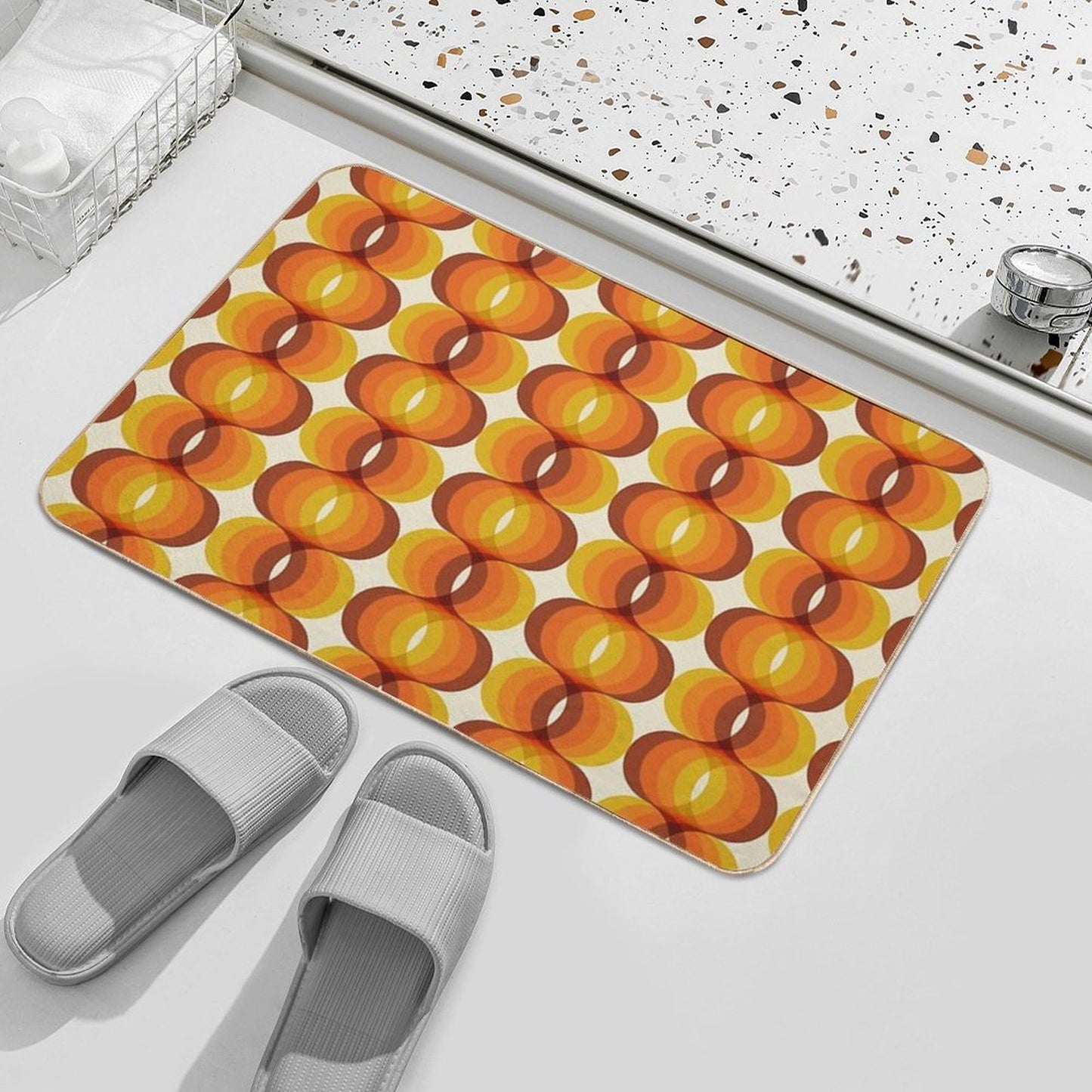 Orange, Brown, And Ivory Retro 1960s Wavy Pattern Bath Mat