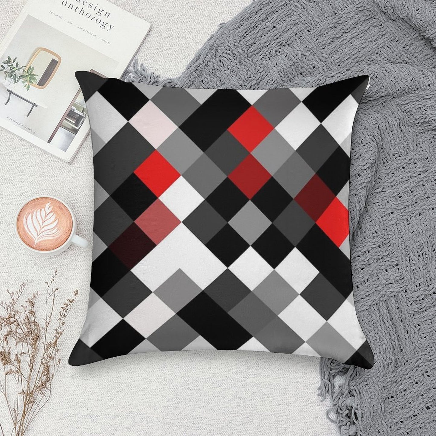 Bold Block Black White Red Diagonal Pattern Soft High-Density Material Throw Pillow