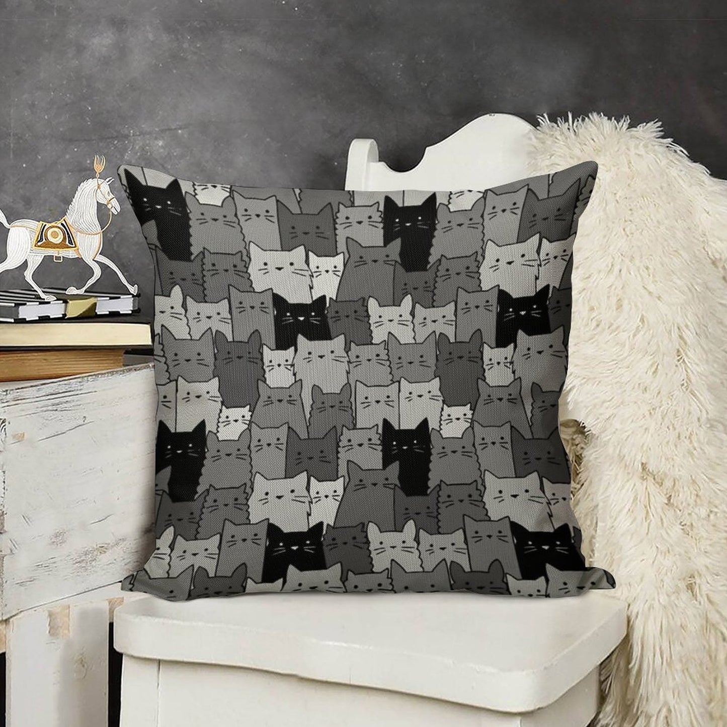 Silent Cats Monochromatic Linen Throw Pillow Cover
