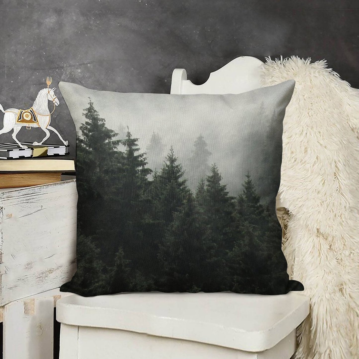 Waiting For  Misty Foggy Fairytale Forest With Cascadia Trees Covered In Magic Fog Linen Throw Pillow Cover