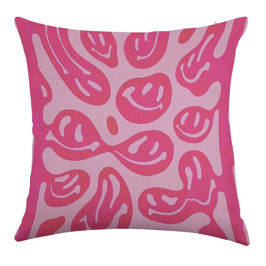 Hot Pink Melted Smiley Face Psychedelic Pattern Linen Throw Pillow Cover