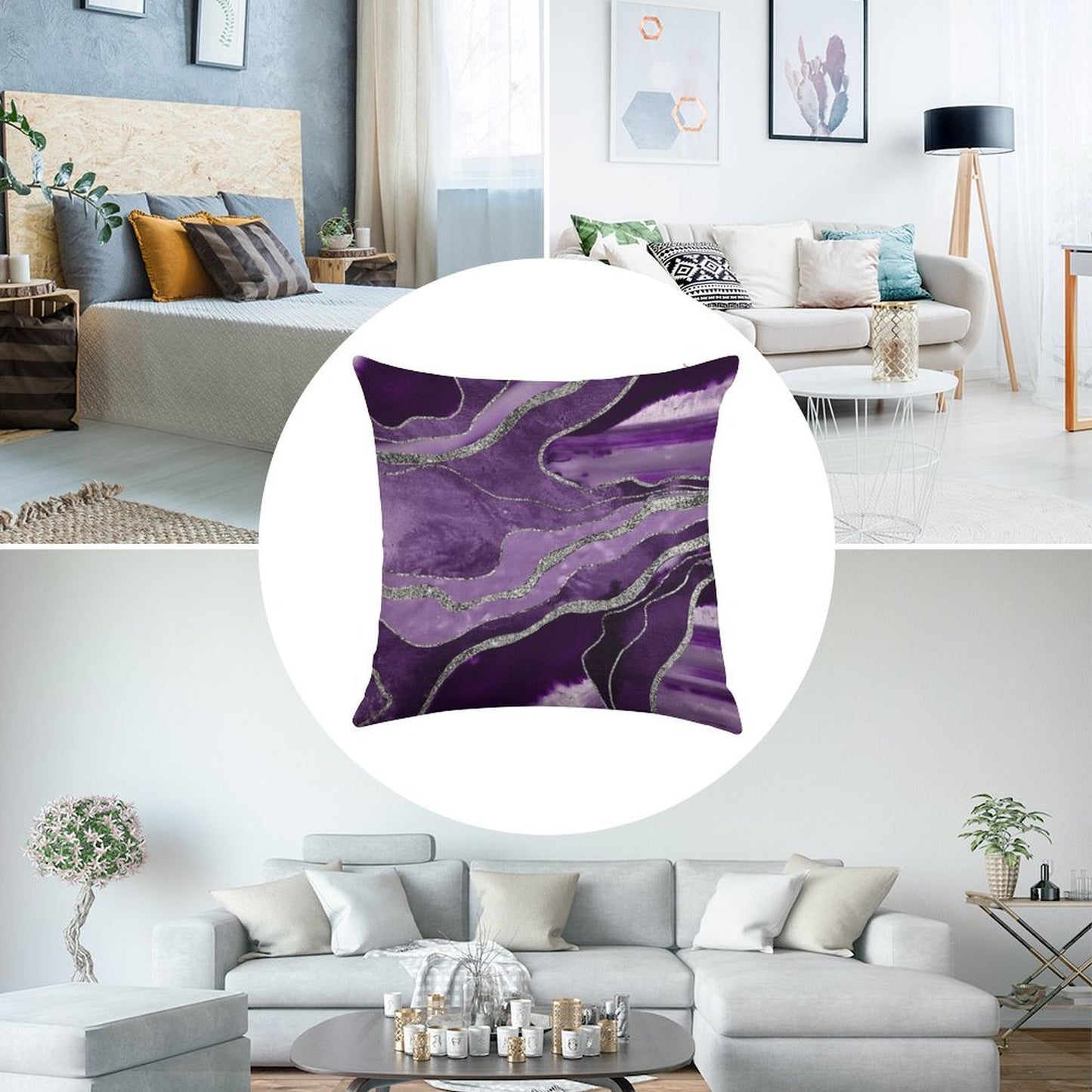 Purple Marble Agate Silver Glam #1 (Photo of Glitter Only - Not Reflective) Linen Throw Pillow Cover