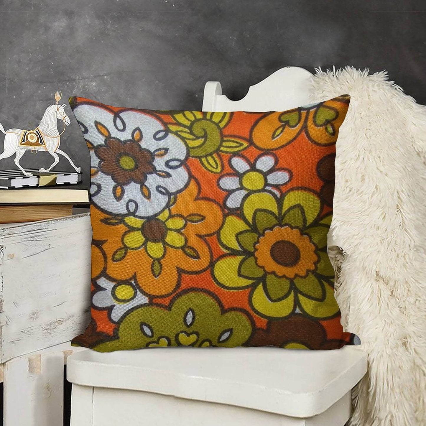 Retro Cool Mid Century Floral Fabric Design in Avocado Green, Harvest Gold, Brown, And Orange Linen Throw Pillow Cover