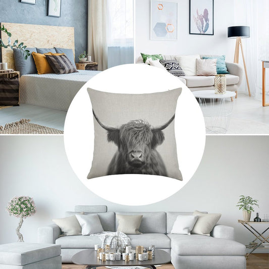 Highland Cow - Black & White Linen Throw Pillow Cover
