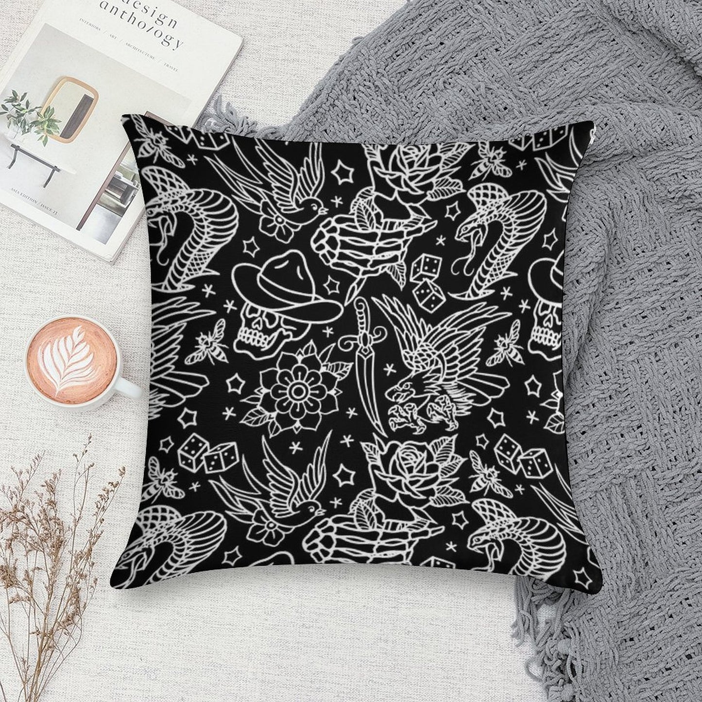 American Traditional Tattoo Flash Print Soft Reinforced Edging Throw Pillow