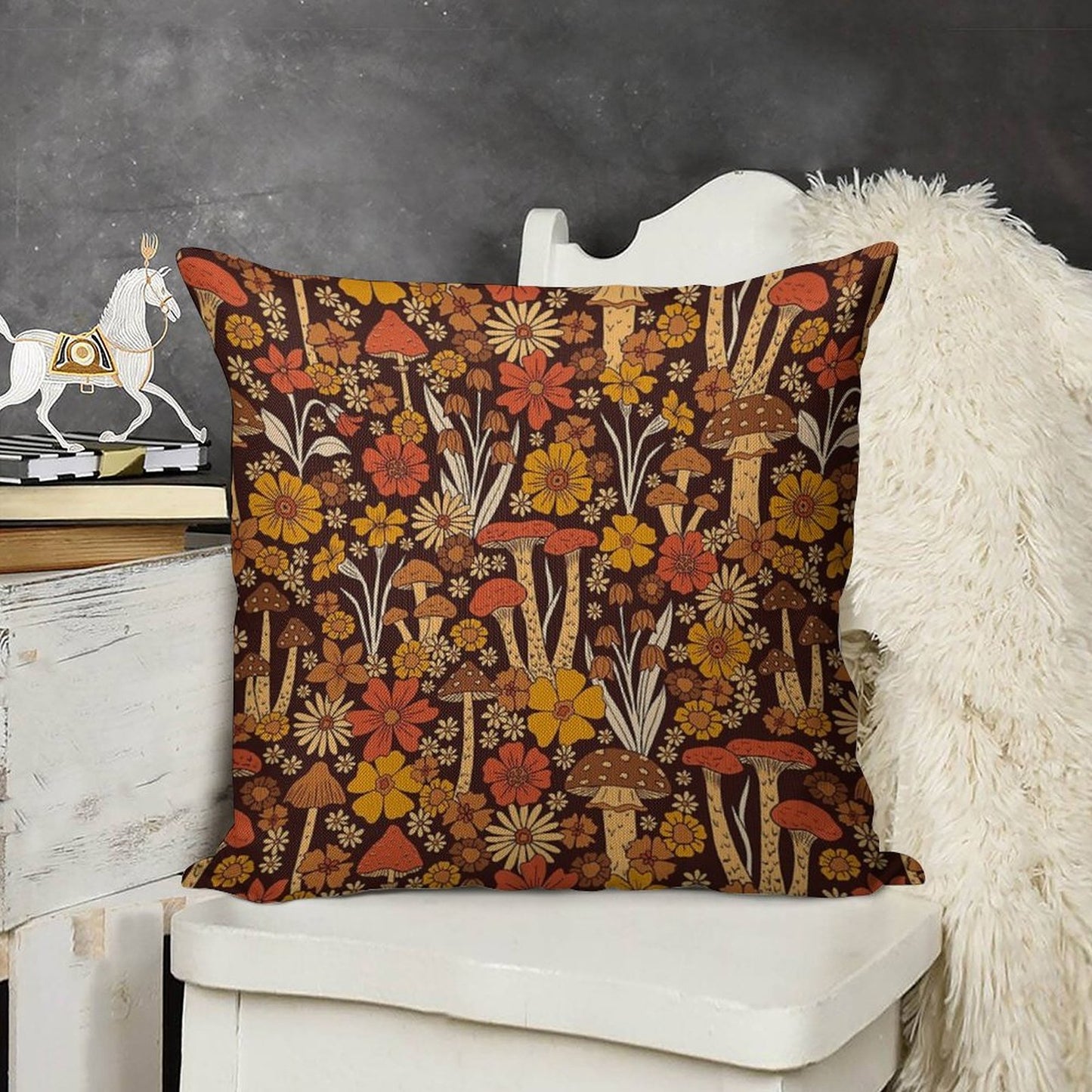 Retro 1970s Brown & Orange Mushrooms & Flowers Linen Throw Pillow Cover