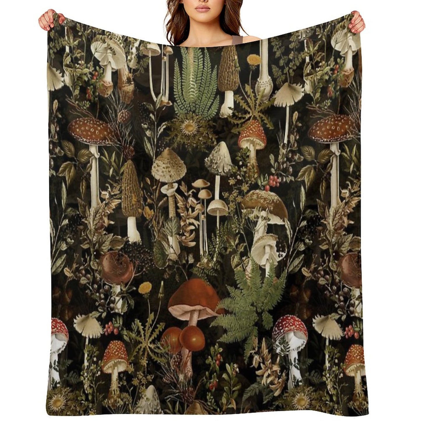 Vintage Midnight Mushrooms Forest Botanical Night Garden Pattern - Black Nightgarden Throw Blanket