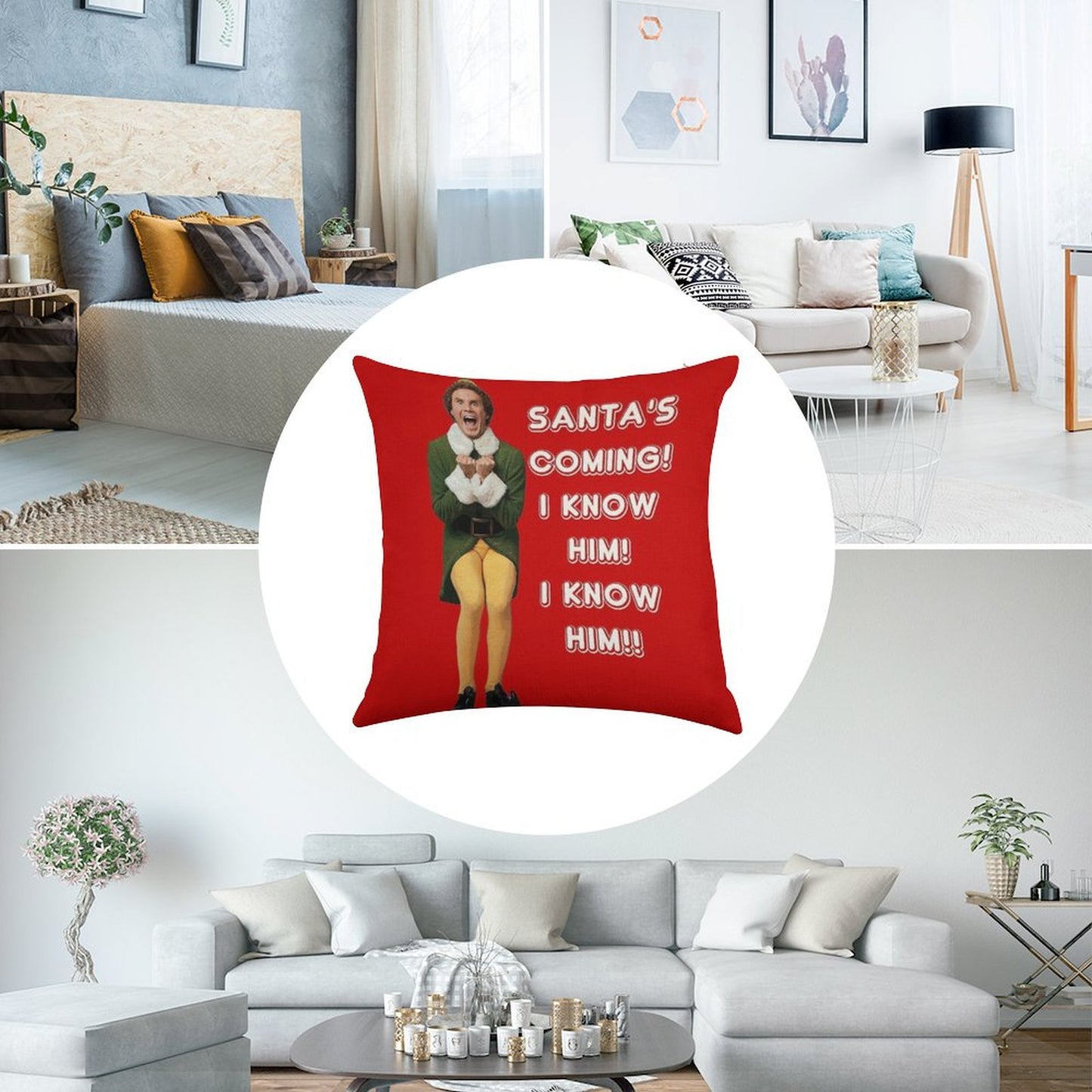 SANTA'S COMING! I KNOW HIM! Elf The Movie Will Ferrell Buddy Christmas Linen Throw Pillow Cover