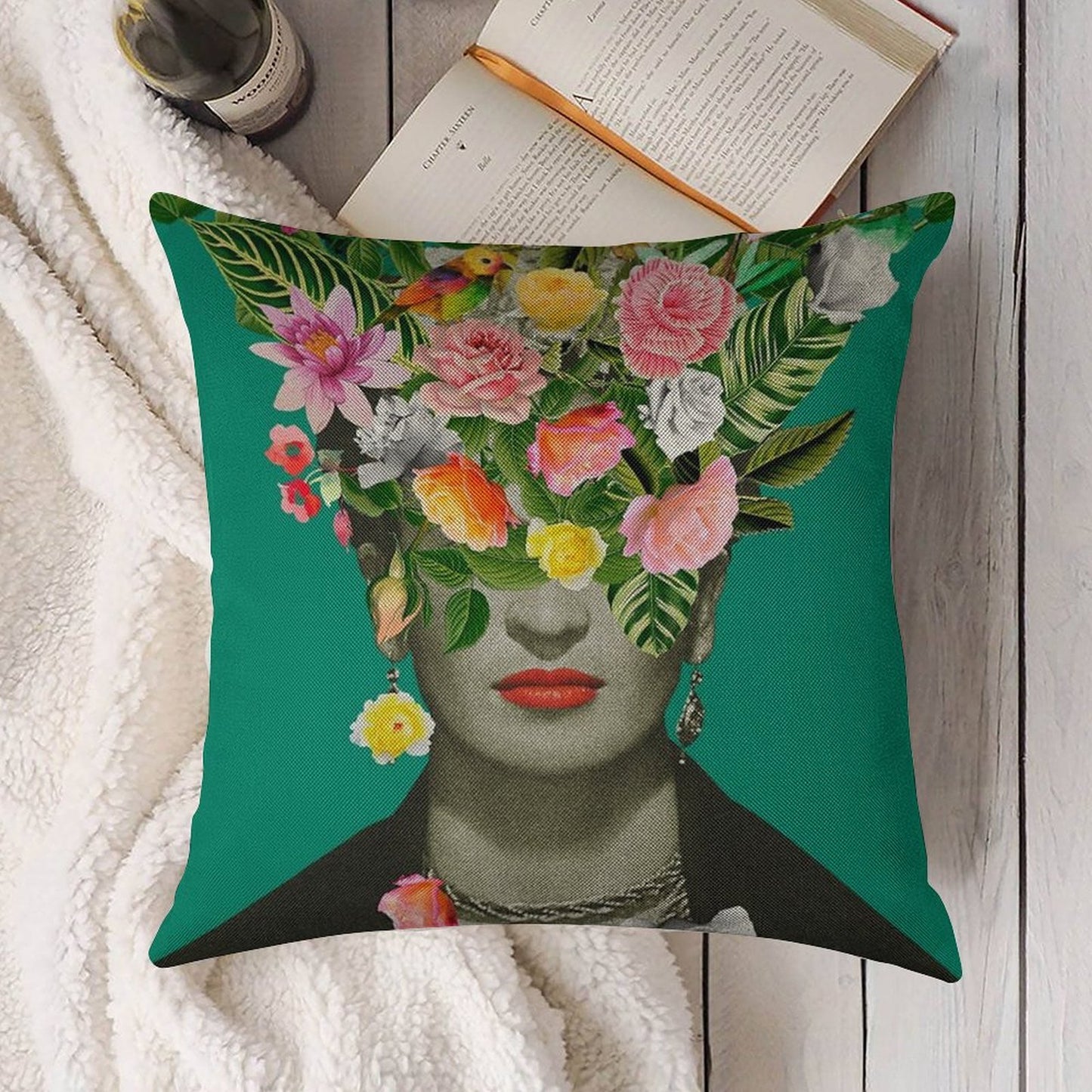 Frida Floral (Green) Linen Throw Pillow Cover