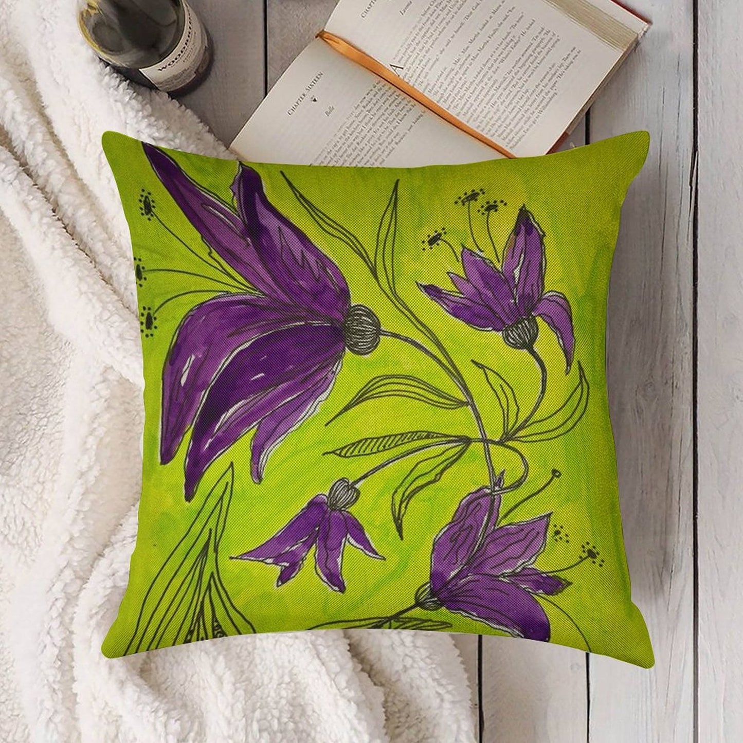 Botanical Lime Green And Purple Linen Throw Pillow Cover
