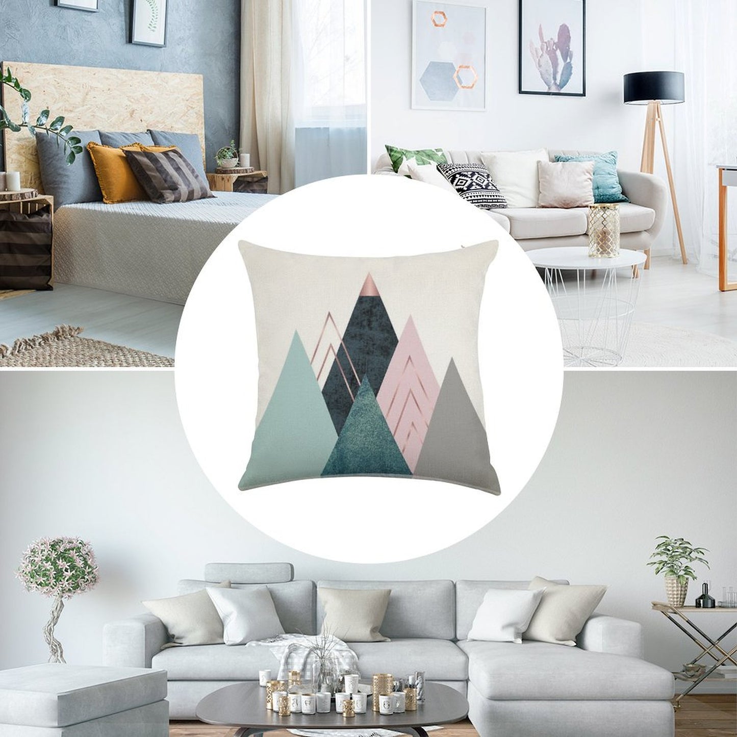 Abstract Minimalist Mountain - Pink, Teal And Blue Linen Throw Pillow Cover