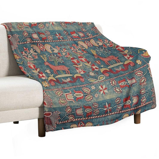 ANTIQUE RED BLUE SWEDISH TAPESTRY WITH DEERS AND FLOWERS Throw Blanket