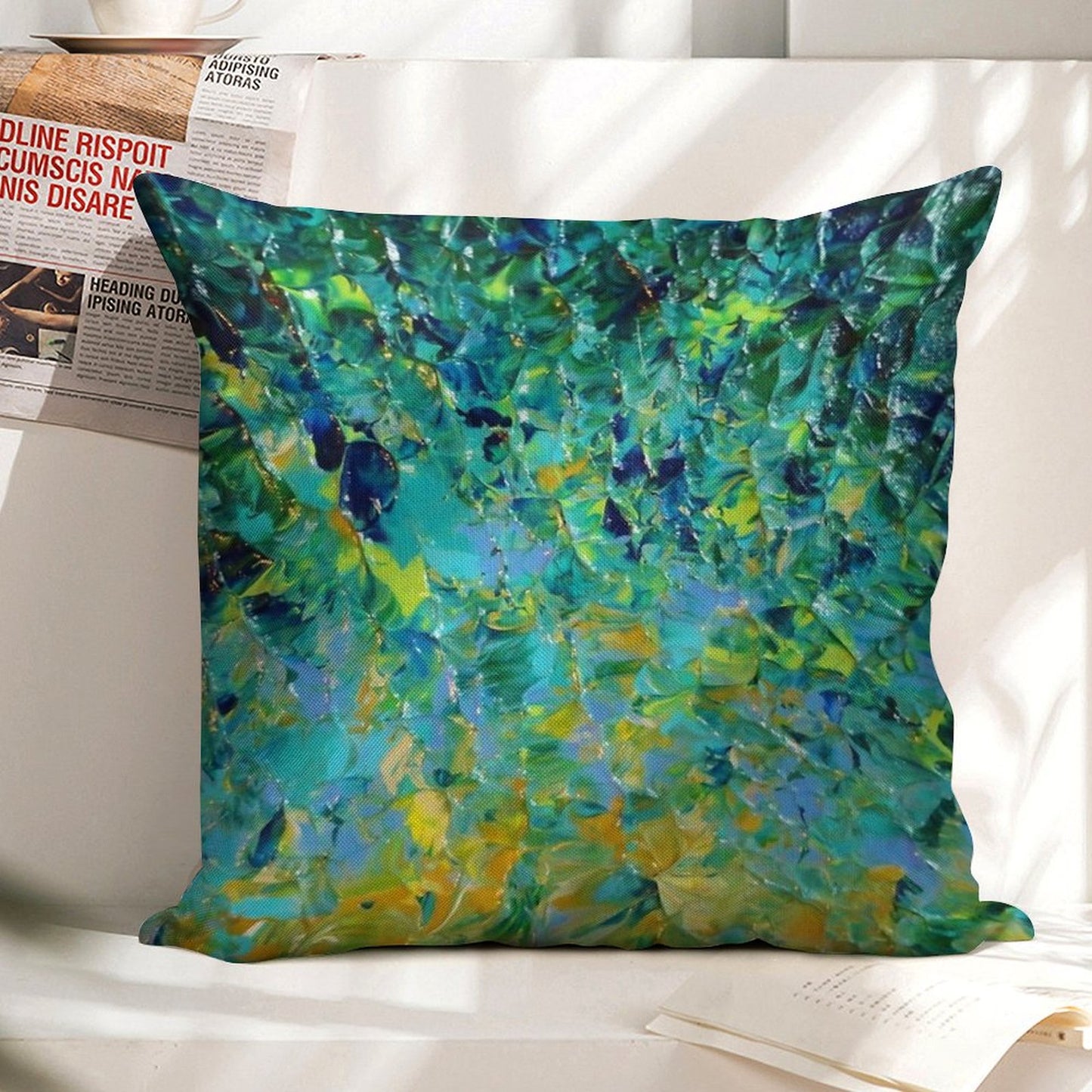 BEAUTY BENEATH THE SURFACE - Stunning Lake Ocean River Water Nature Green Blue Teal Yellow Aqua Abstract Linen Throw Pillow Cover