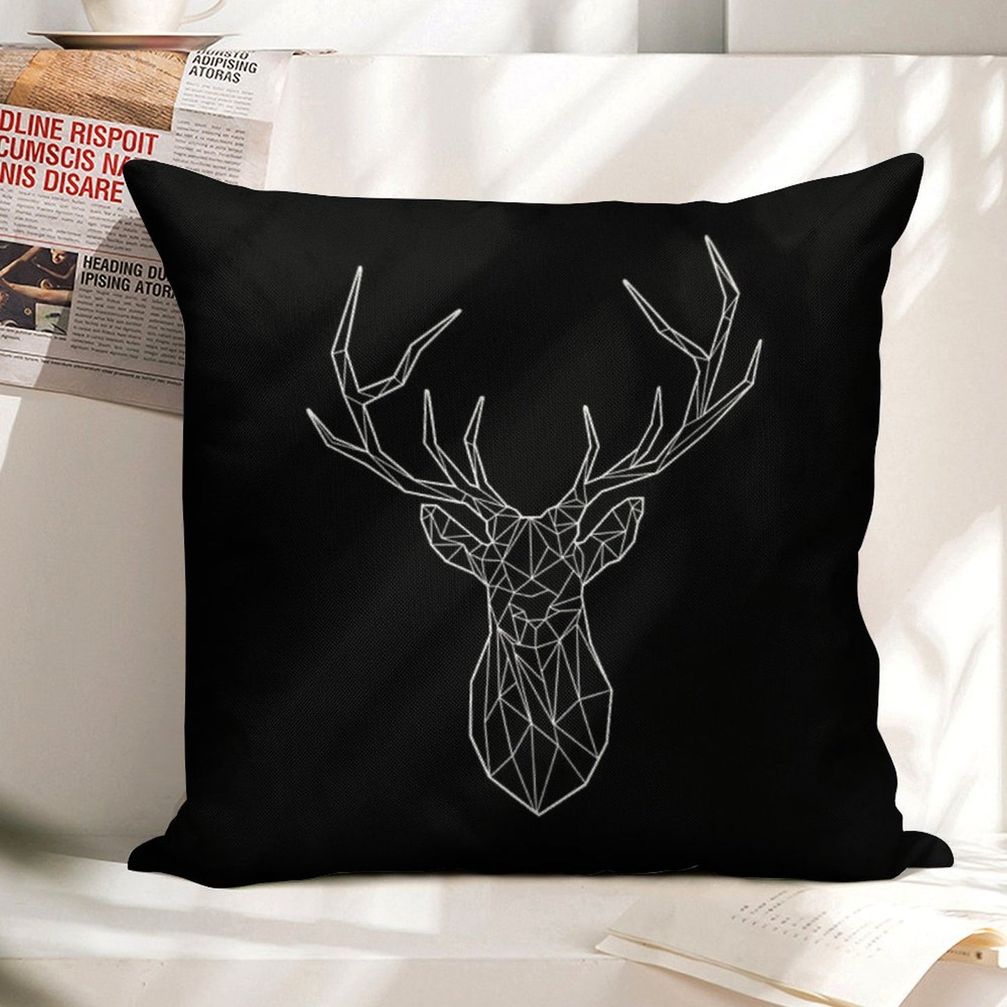 Geometric Stag - BLACK Linen Throw Pillow Cover