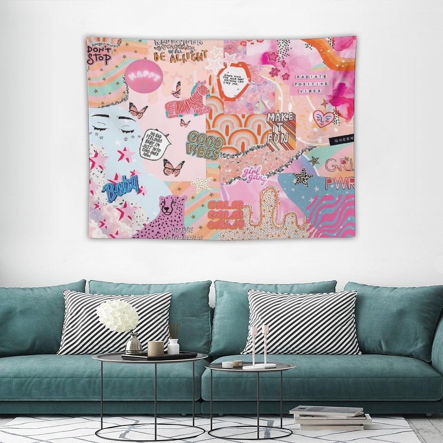 Pink And Blue Girl Power Collage Tapestry