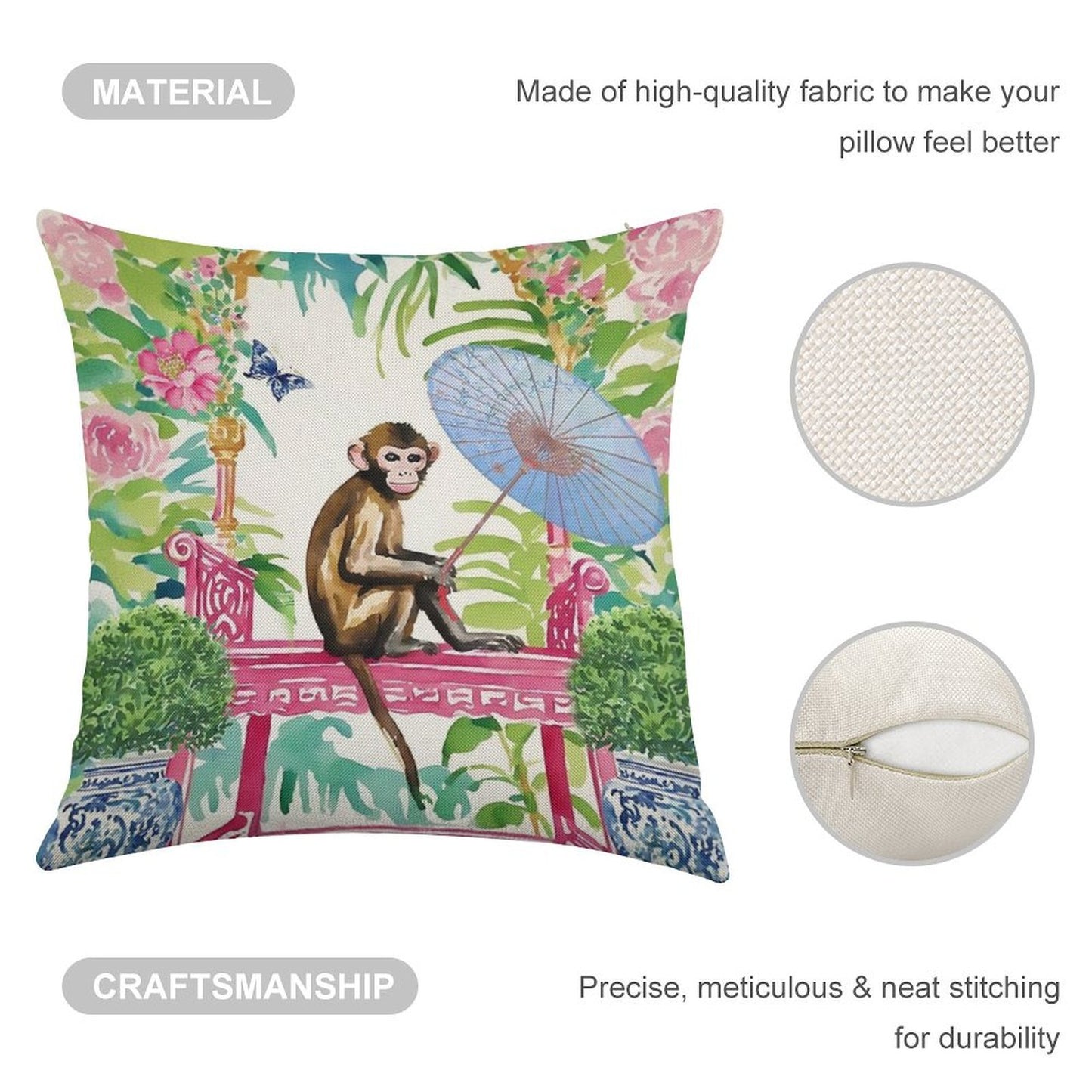 Monkey in Chinoiserie Garden Linen Throw Pillow Cover