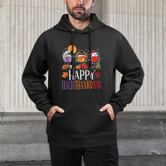 Happy Hallothanksmas Halloween Thanksgiving Christmas Wine Kangaroo Pocket Hoodie