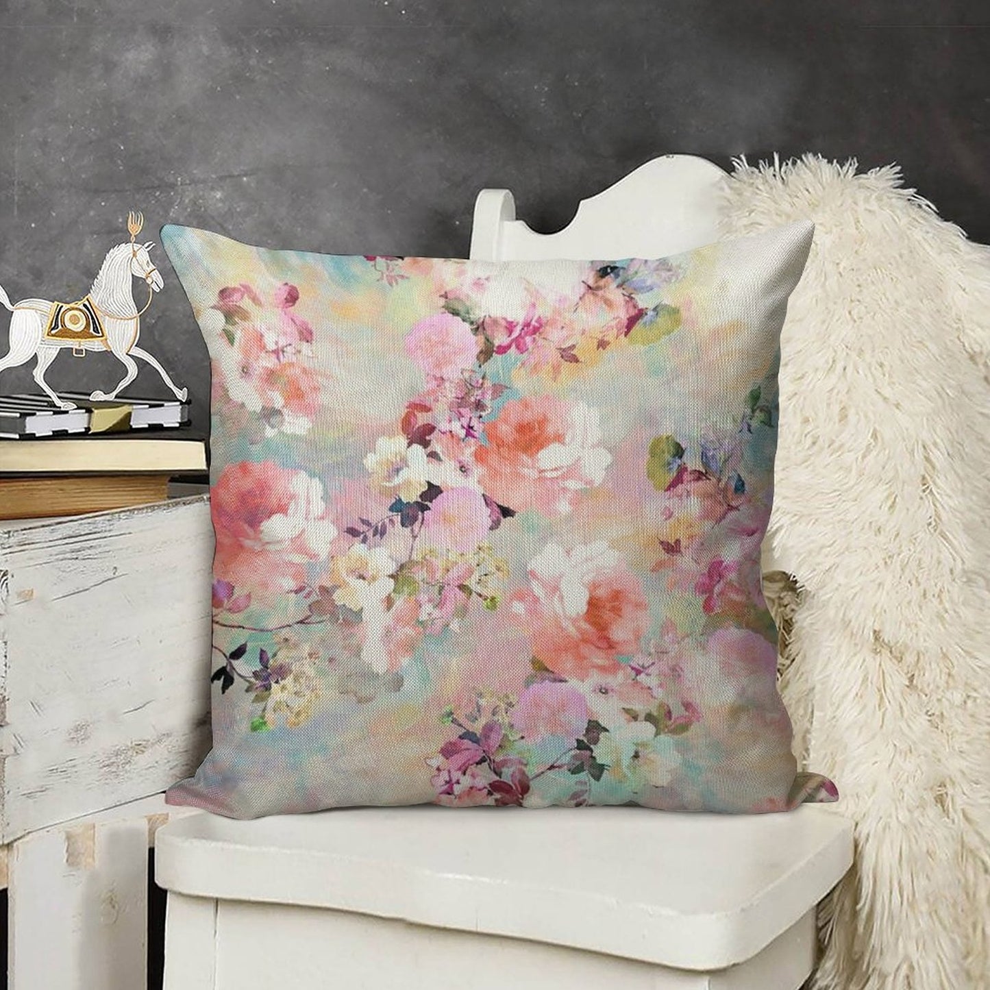 Romantic Pink Teal Watercolor Chic Floral Pattern Linen Throw Pillow Cover