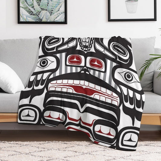 Thunderbird Bear Orca Totem Pole, Coastal Salish Haida Pacific North West Formline Design Native American Throw Blanket