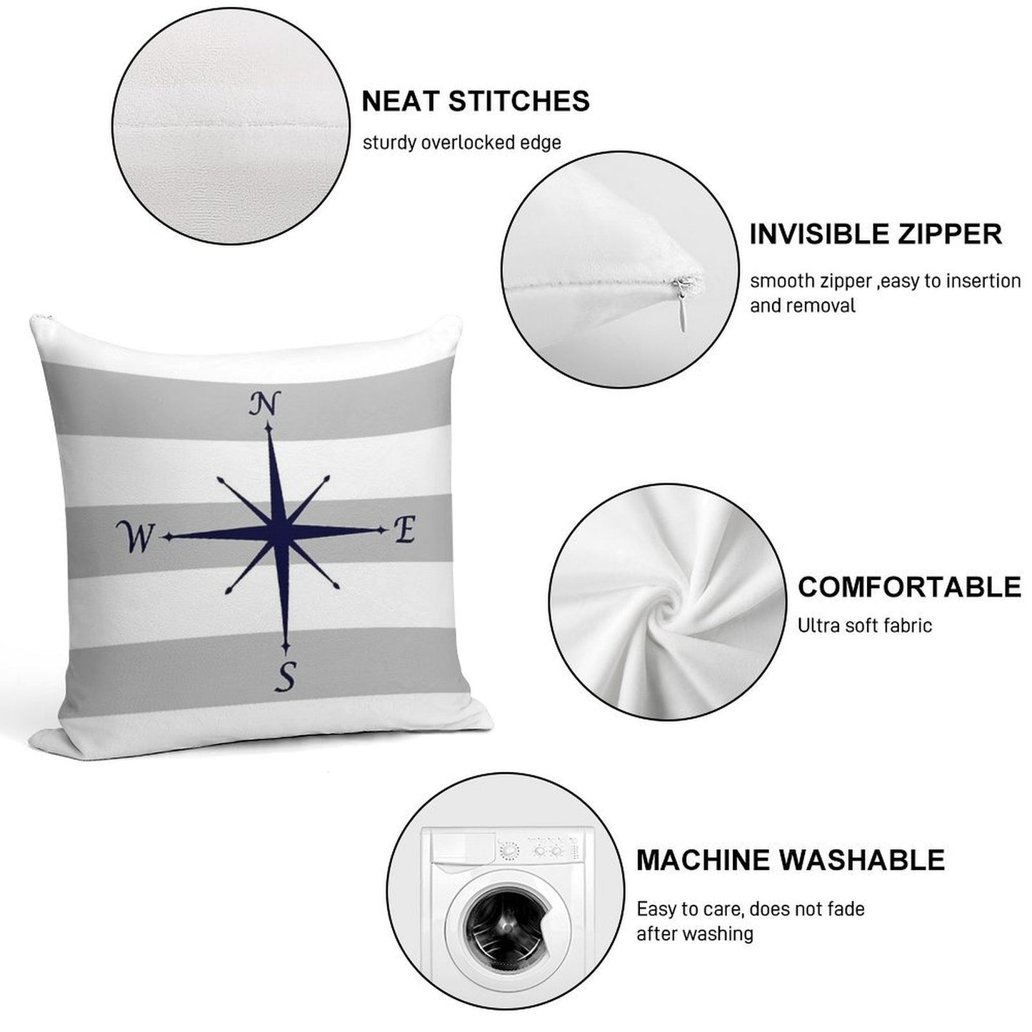 Nautical Navy Blue Compass On Silver Gray And White Stripes Soft Washable Throw Pillow