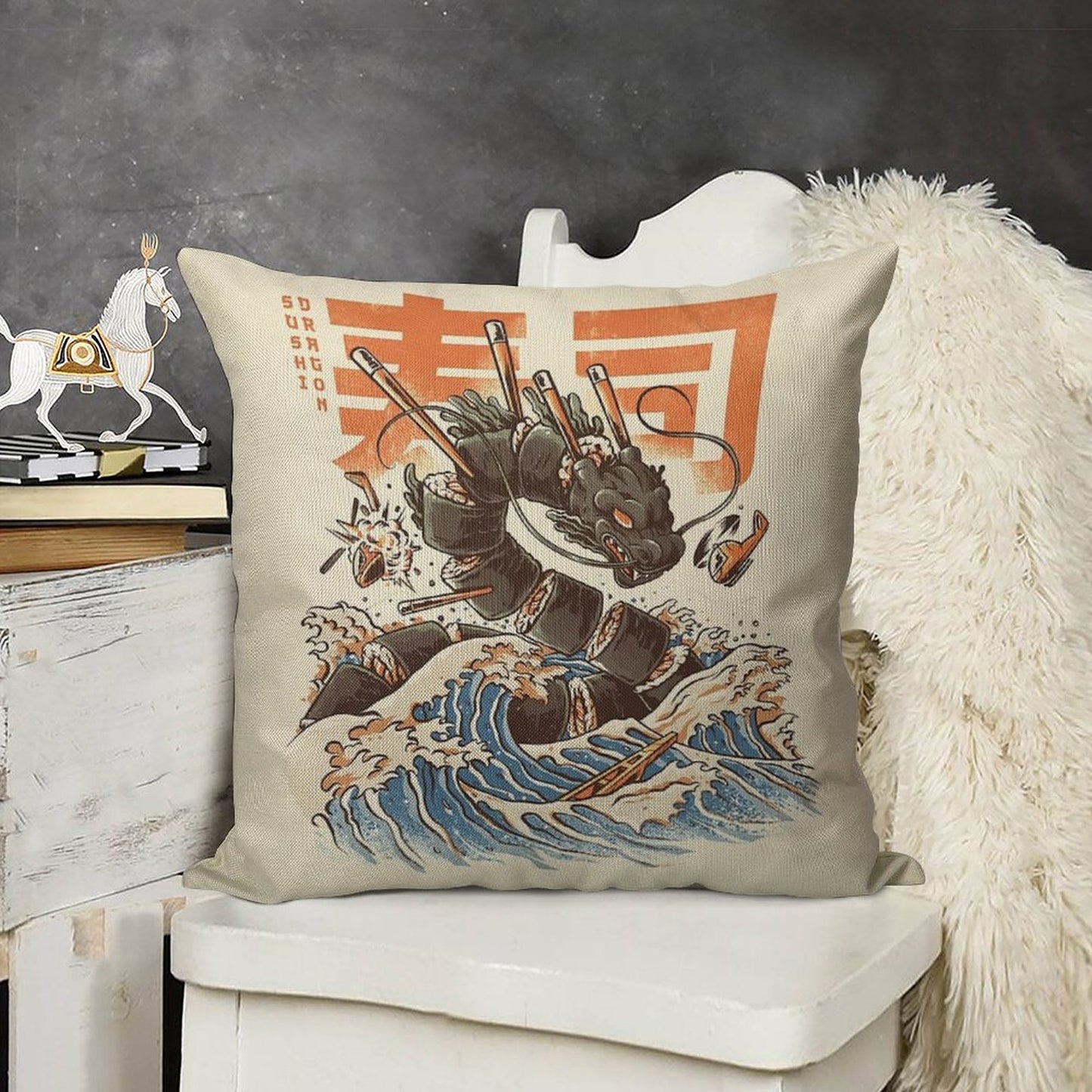 Great Sushi Dragon Linen Throw Pillow Cover