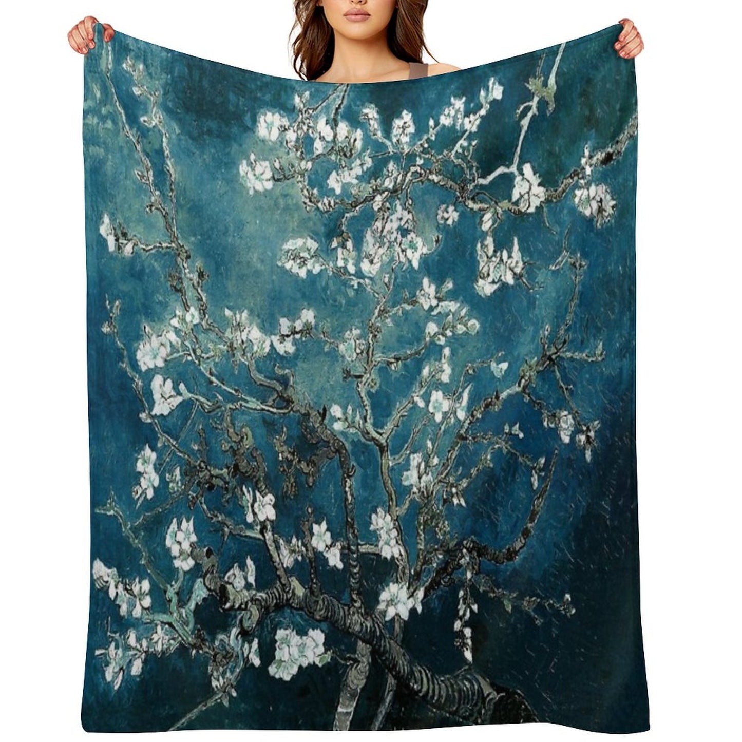 Van Gogh Almond Blossoms Dark Teal Throw Blanket