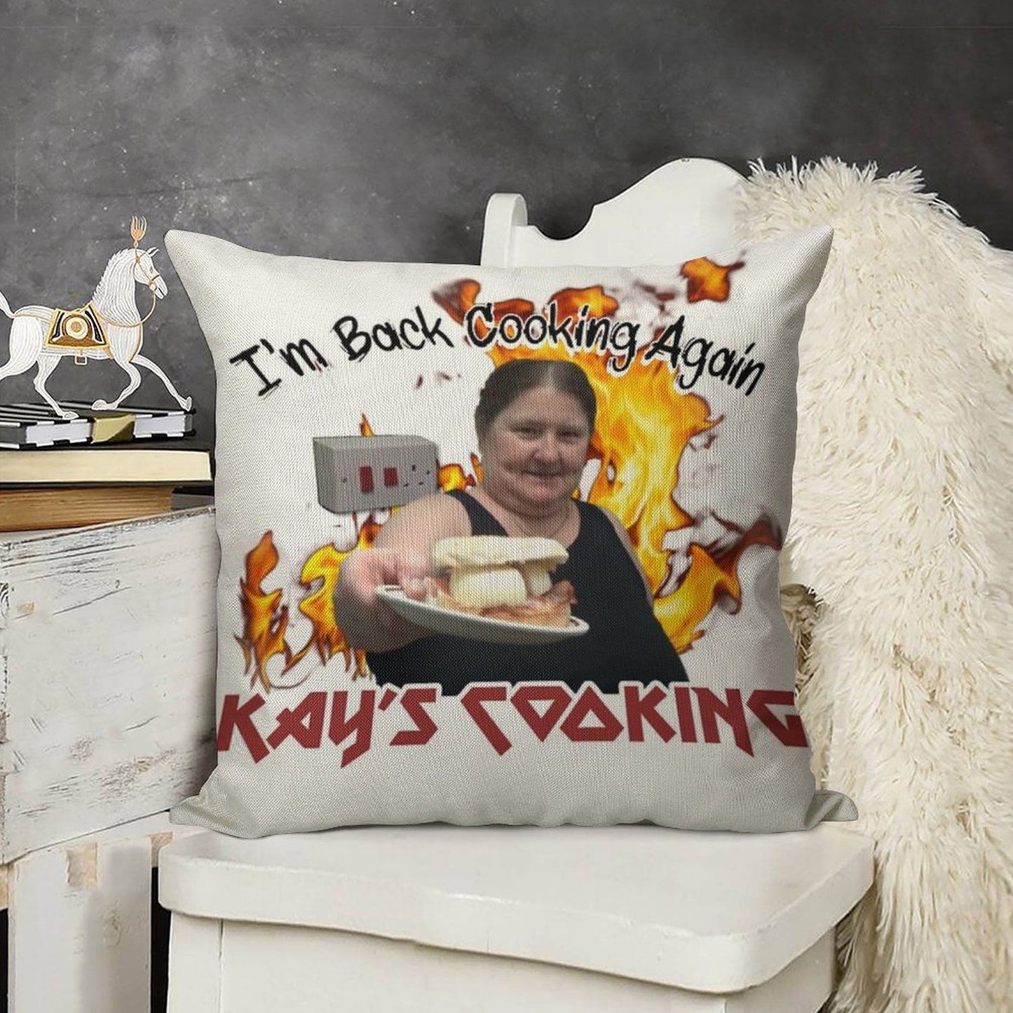 Kay's Cooking - I'm Back Cooking Again Linen Throw Pillow Cover